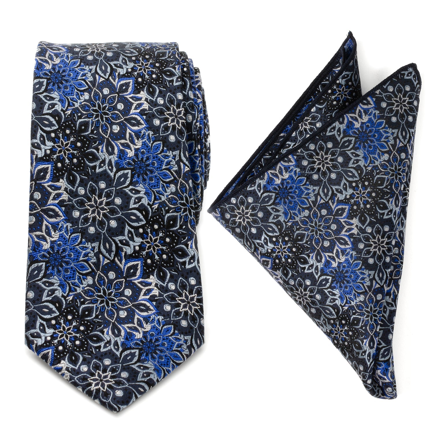  Cufflinks Navy Floral Tie and Pocket Square Gift Set - Default Title - Bonton