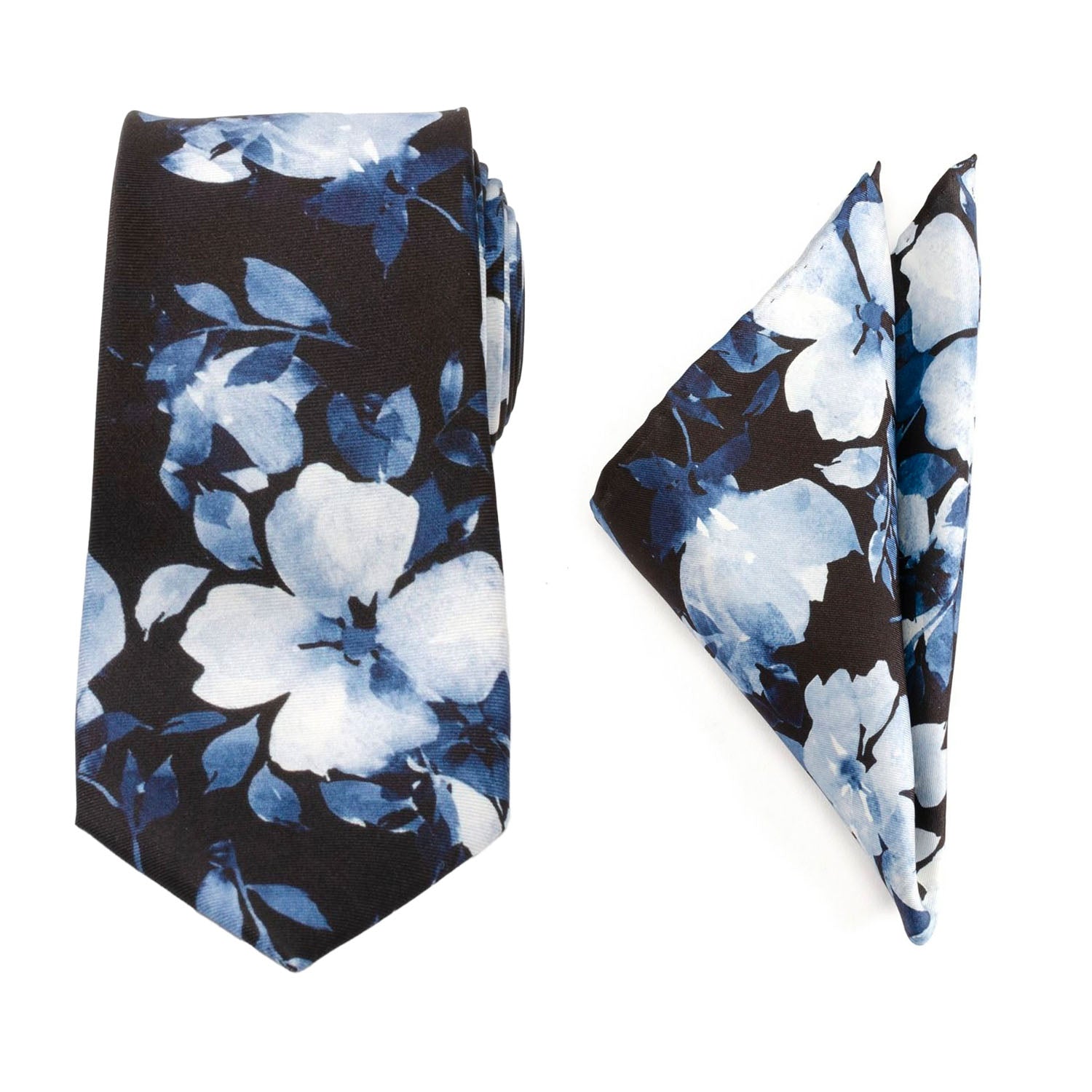  Cufflinks Painted Floral Blue Necktie and Pocket Square Gift Set - Default Title - Bonton