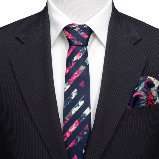 Painted Floral Navy Stripe Silk Men's Tie