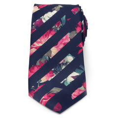 Painted Floral Navy Stripe Silk Men's Tie