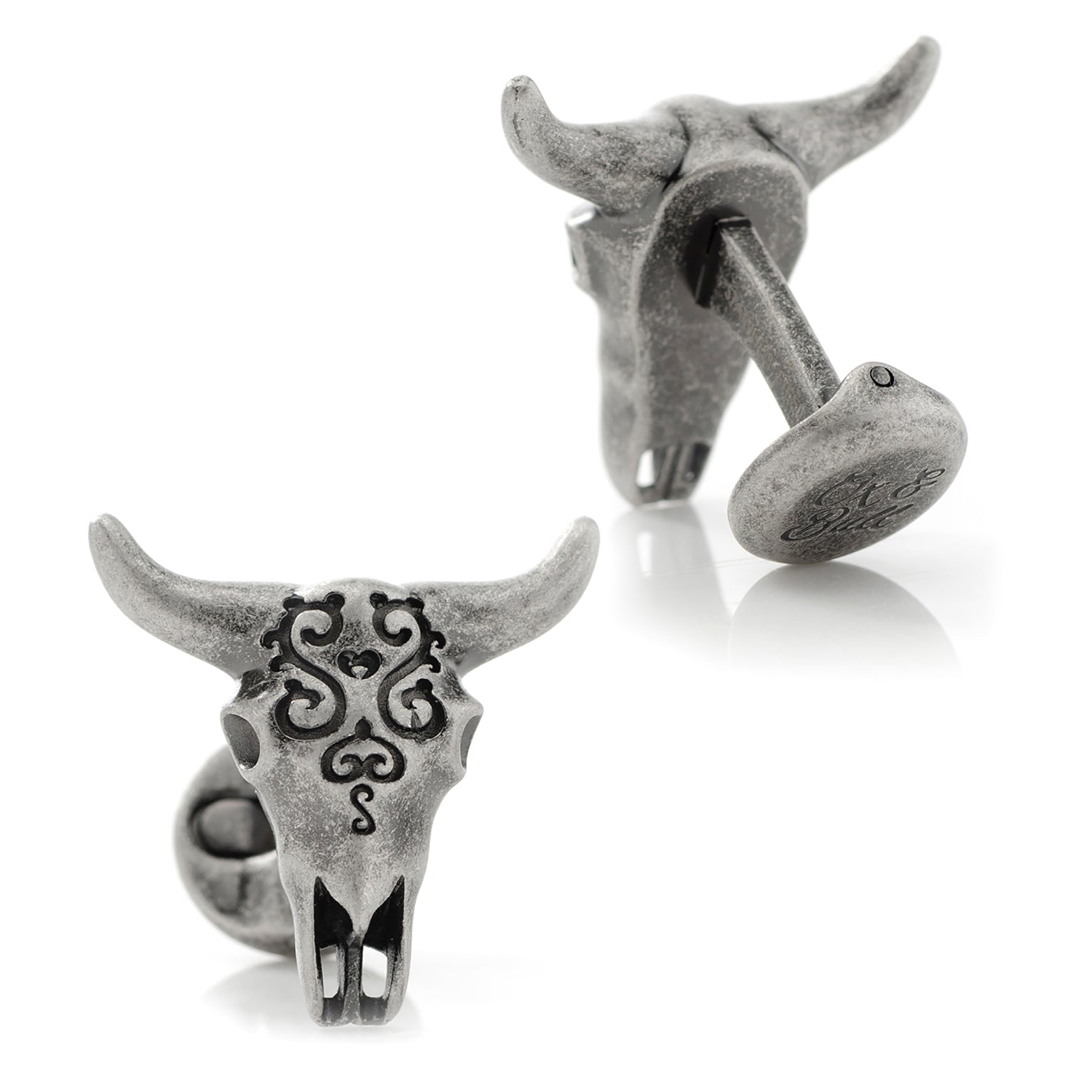  Cufflinks Antique Stainless Steel Carved Cow's Skull - Default Title - Bonton