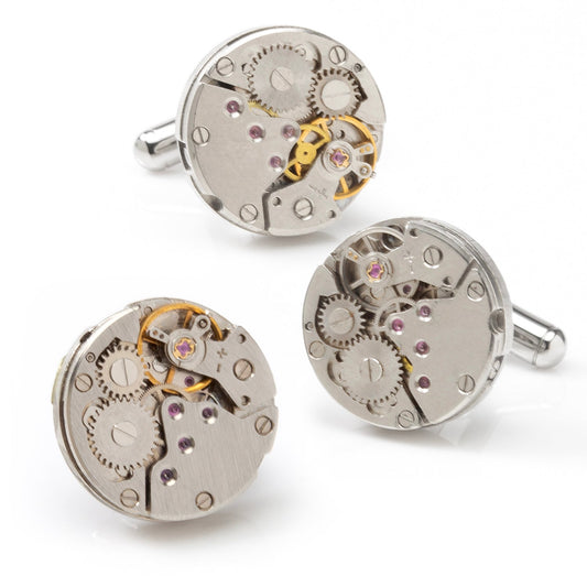 Open Edge Skeleton Watch Movement Cufflinks and Lapel Pin Gift Set