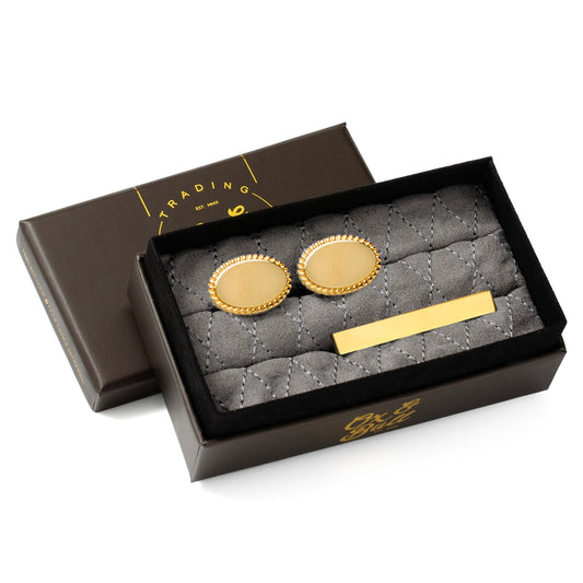 14K Gold Plated Rope Border Oval Cufflinks and Tie Bar Gift Set