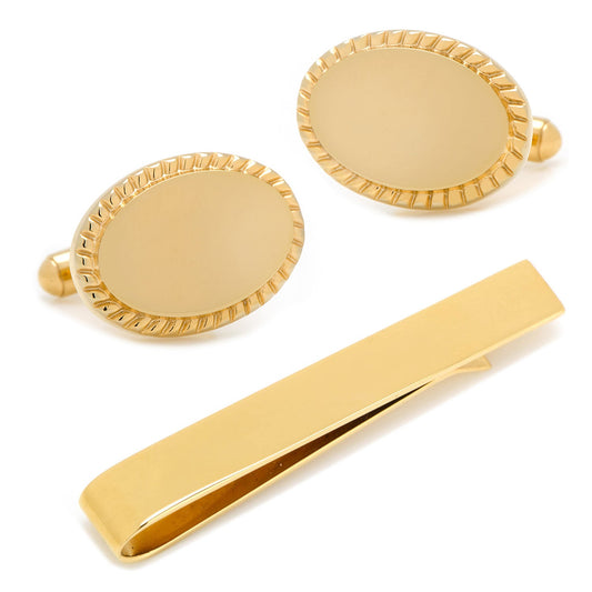 14K Gold Plated Rope Border Oval Cufflinks and Tie Bar Gift Set