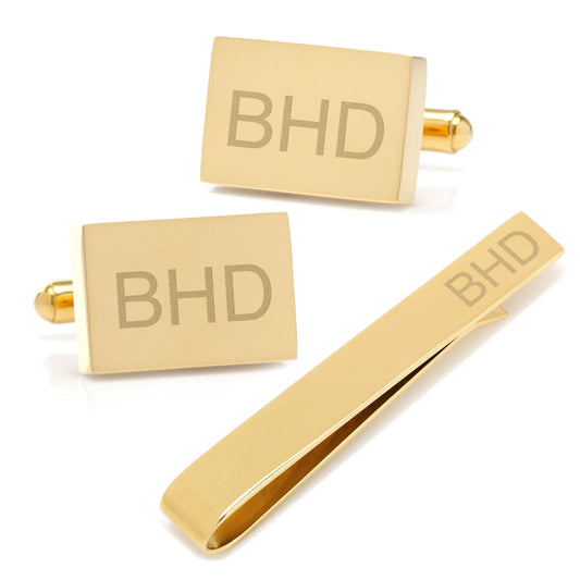 Engravable Rectangle Gold Cufflinks and Tie Bar Gift Set