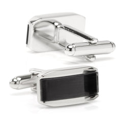 Silver Rectangular Cufflink With Dark Gray Cats Eye