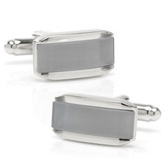 Silver Rectangular Cufflink With Gray Cats Eye