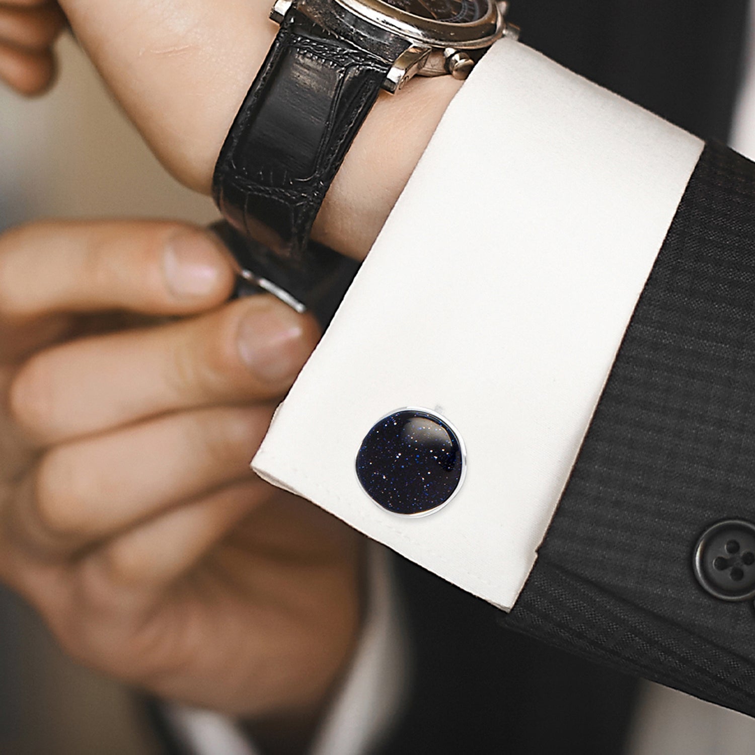  Cufflinks Sterling Silver Classic Round Blue Goldstone Cufflinks - Default Title - Bonton