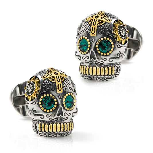 Sterling Silver and Gold Day of the Dead Skull Cufflinks