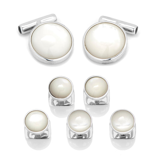 Sterling Silver Ribbed MOP Cufflinks and 5-Stud Set