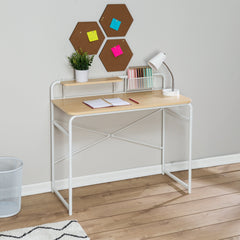 Home Office Computer Desk with Shelf and Metal Mesh Basket