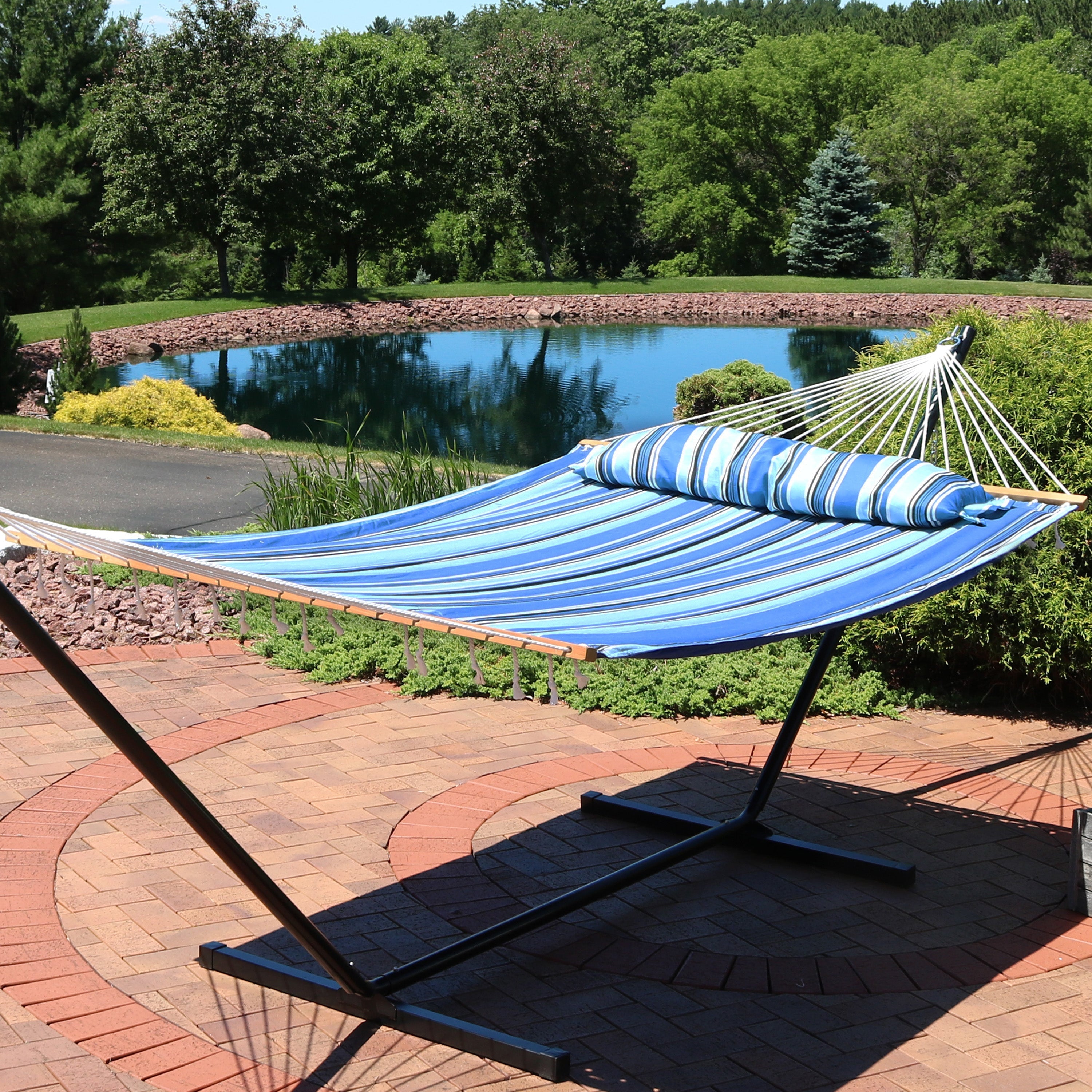  Sunnydaze Decor Quilted Fabric Hammock Two-Person with Spreader Bars - 450 lb Weight Capacity - Red Stripe - Bonton