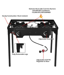 Double Burner Gas Propane Cooker Outdoor Camping Stove Stand BBQ Grill Black