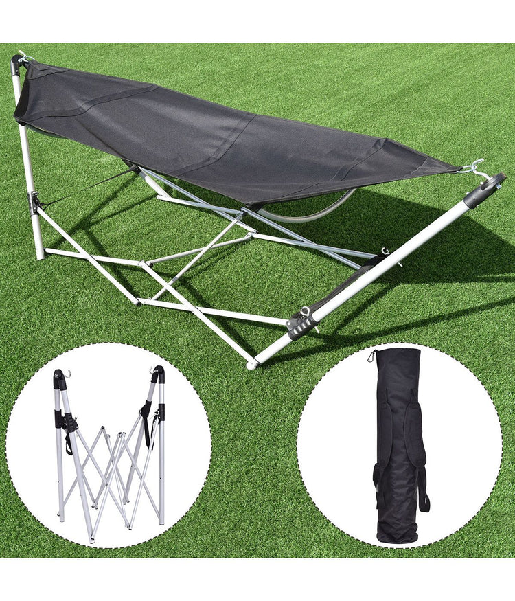 Portable Folding Hammock Lounge Camping Bed Steel Frame Stand With Carry Bag Black