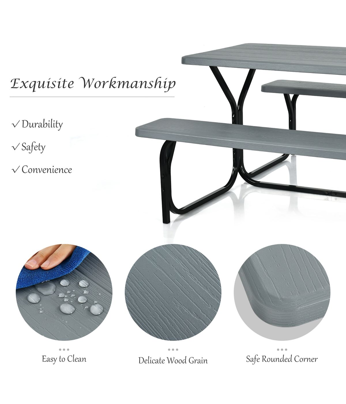 Camping Table Bench Set For Backyard Garden Patio (Party All Weather) Gray
