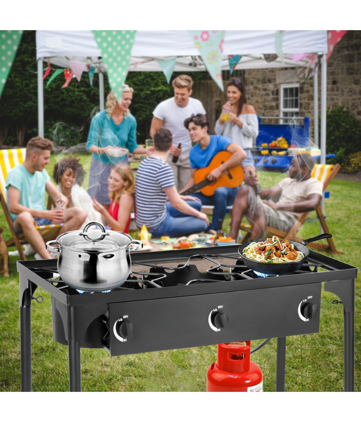 Portable Propane 225,000-BTU 3 Burner Gas Cooker BBQ Outdoor Camp Stove Black