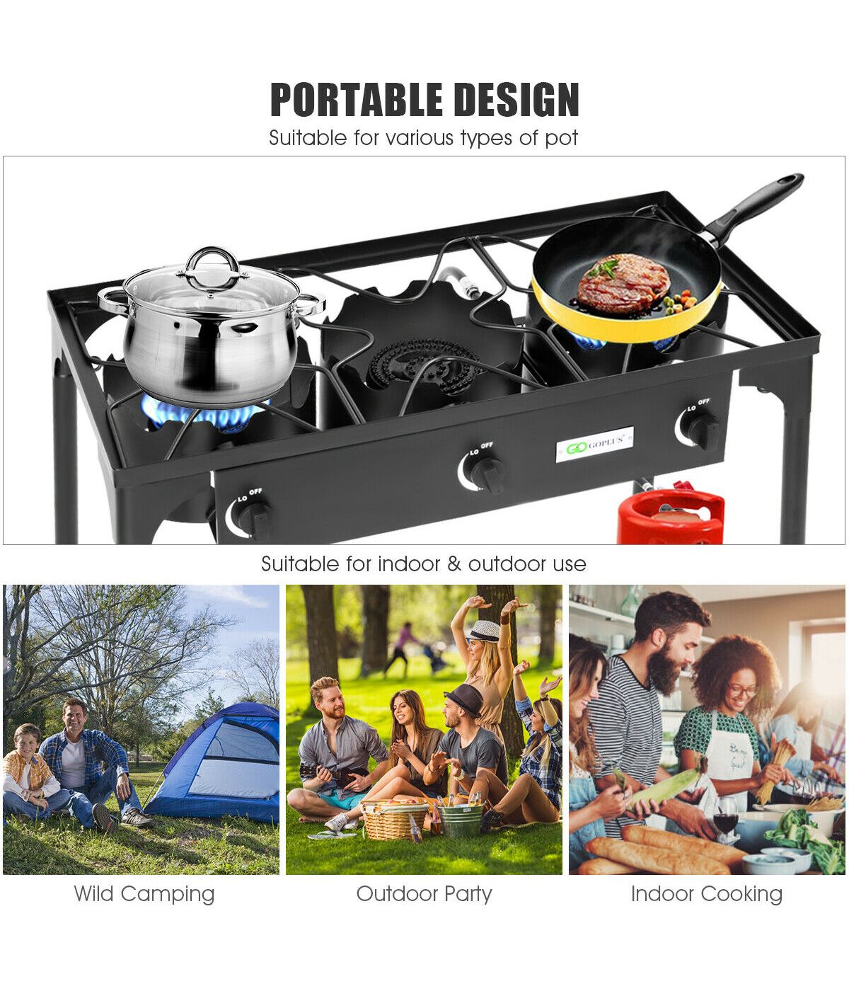  Portable Propane 225,000-BTU 3 Burner Gas Cooker BBQ Outdoor Camp Stove Black - Black - Bonton