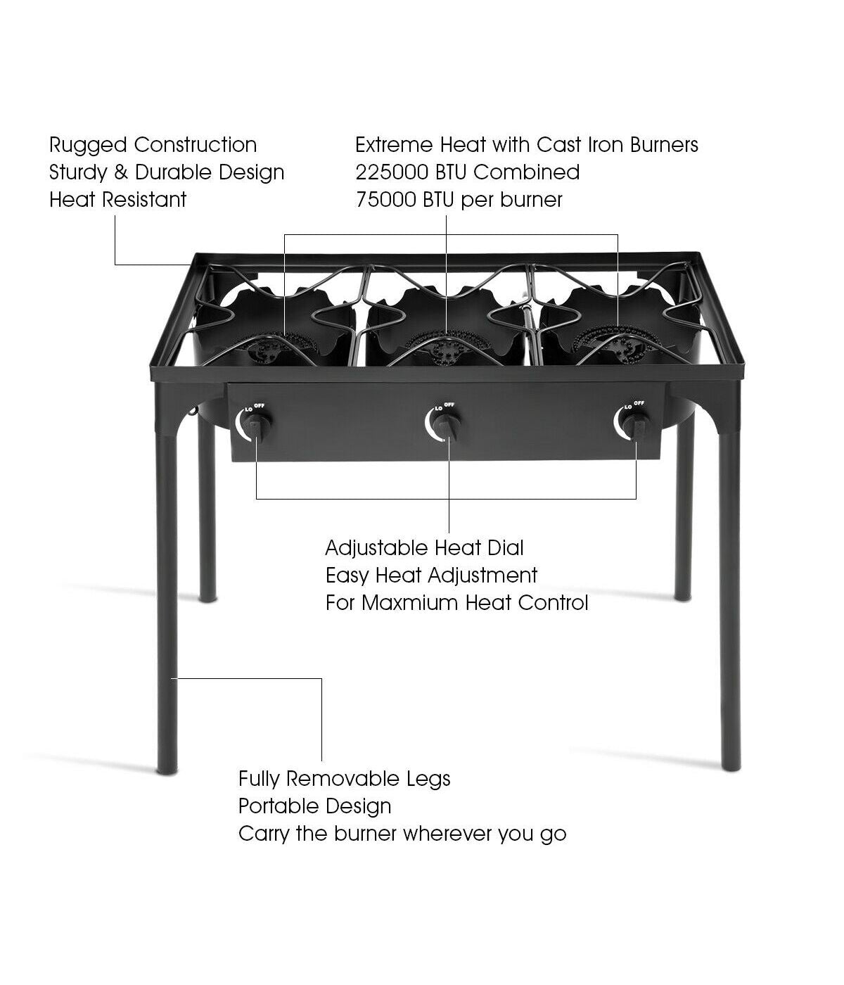  Portable Propane 225,000-BTU 3 Burner Gas Cooker BBQ Outdoor Camp Stove Black - Black - Bonton