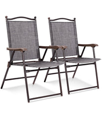 Patio Folding Sling Back Chairs For Camping Deck Garden Beach Set of 2 Gray