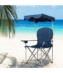 Portable Folding Beach Canopy Chair With Cup Holders & Bag For Camping Hiking Blue