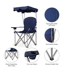 Portable Folding Beach Canopy Chair With Cup Holders & Bag For Camping Hiking Blue