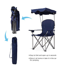 Portable Folding Beach Canopy Chair With Cup Holders & Bag For Camping Hiking Blue