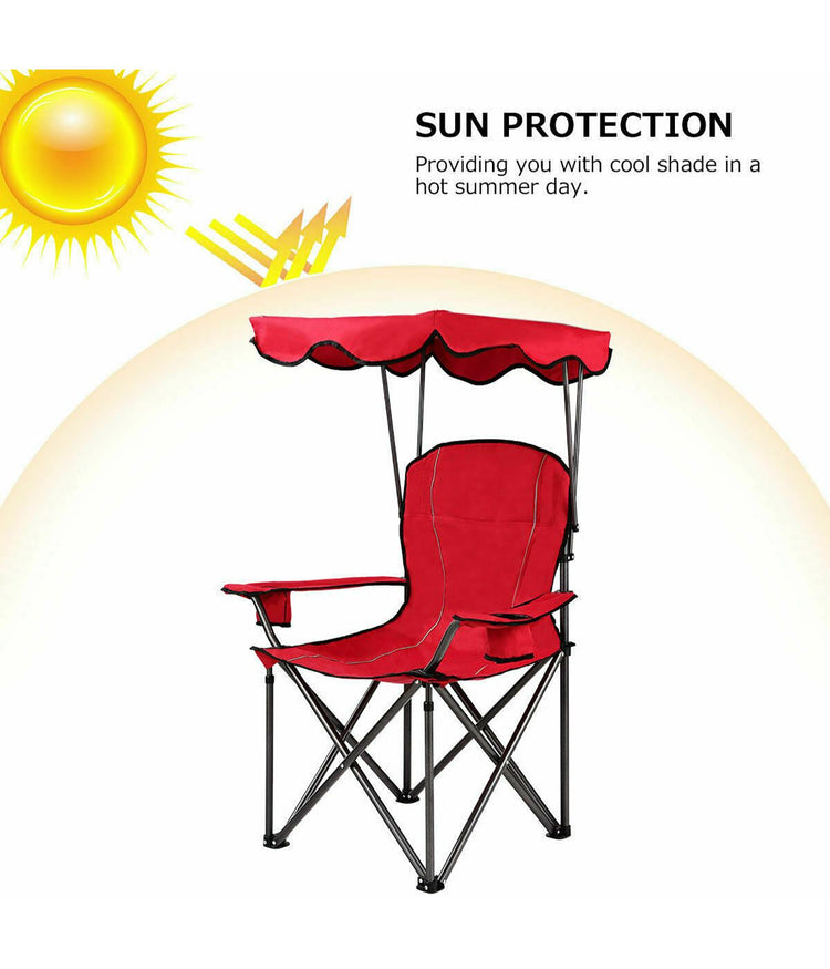 Portable Folding Beach Canopy Chair With Cup Holders & Bag For Camping Hiking Red