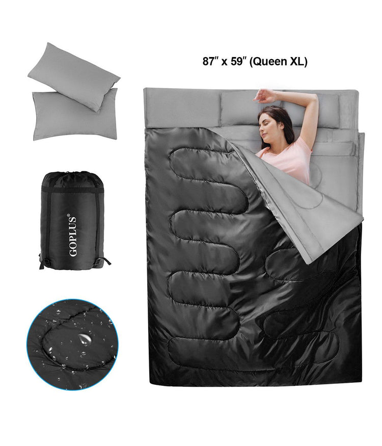 Double Sleeping Bag With 2 Pillows For Camping - Queen Size XL (2 Person) Black