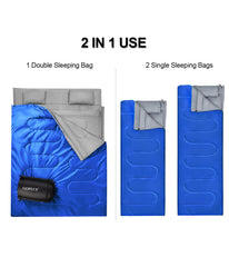 Double Sleeping Bag With 2 Pillows For Camping - Queen Size XL (2 Person) Blue