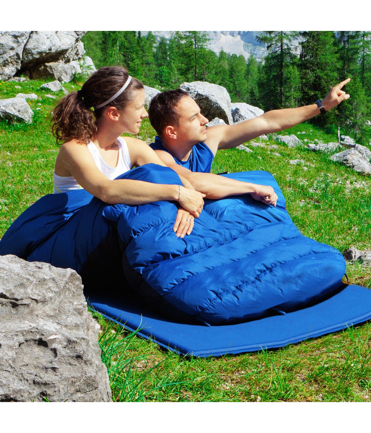 Double Sleeping Bag With 2 Pillows For Camping - Queen Size XL (2 Person) Blue