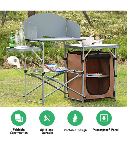 Foldable BBQ Portable Grilling Camping Table With Windscreen Bag Silver