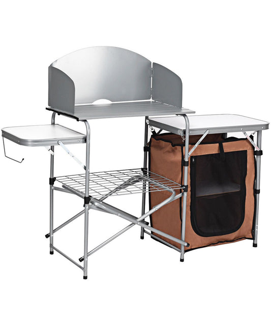 Foldable BBQ Portable Grilling Camping Table With Windscreen Bag Silver