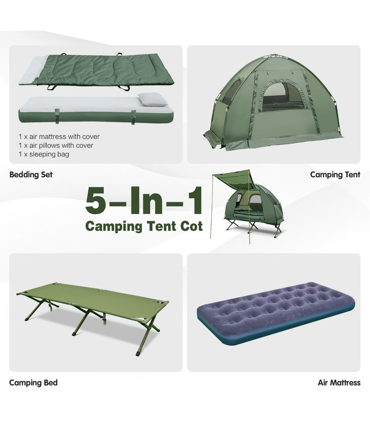 Compact Portable Pop-Up Tent, Camping Cot With Air Mattress & Sleeping Bag Set (1 Person) Green