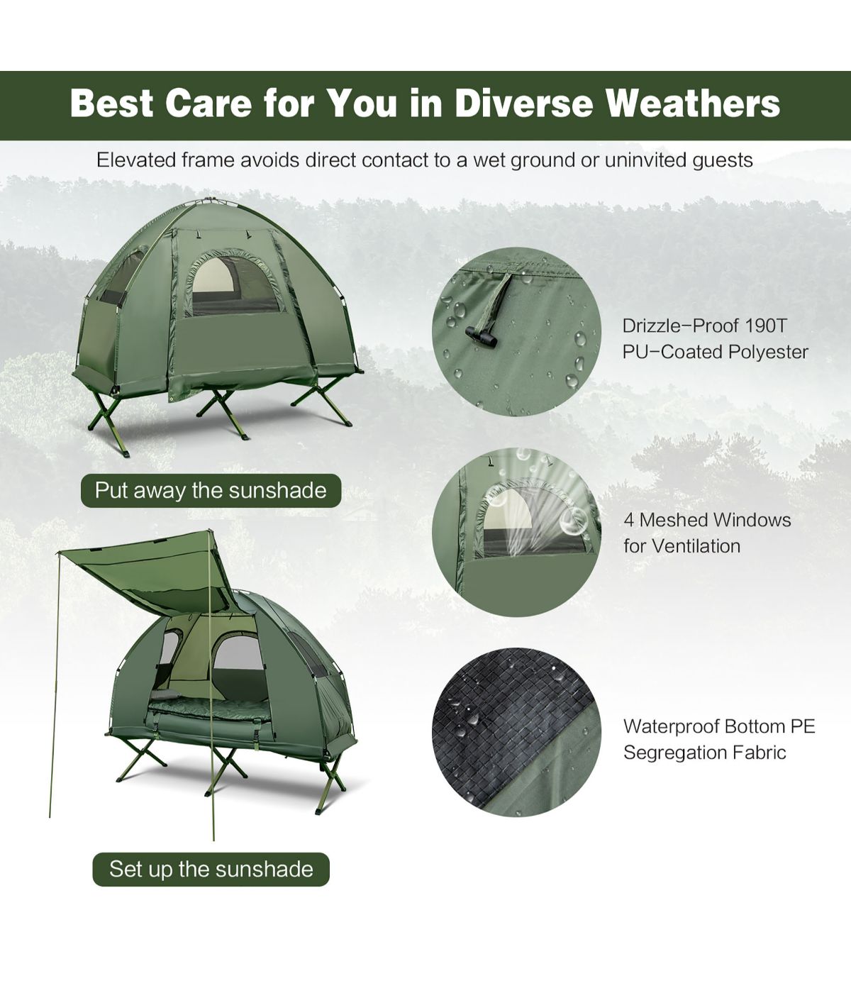 Compact Portable Pop-Up Tent, Camping Cot With Air Mattress & Sleeping Bag Set (1 Person) Green