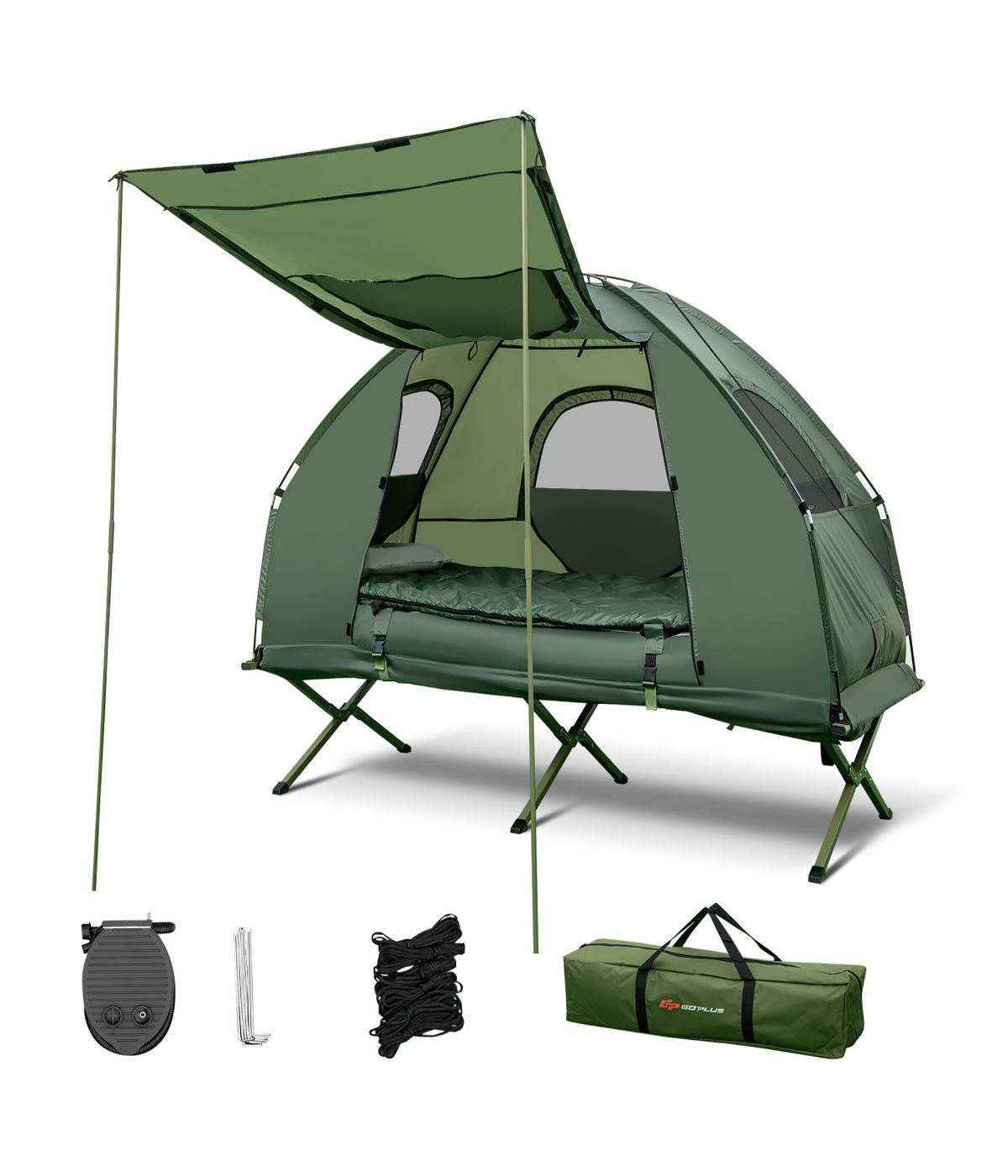  Compact Portable Pop-Up Tent, Camping Cot With Air Mattress & Sleeping Bag Set (1 Person) Green - Green - Bonton