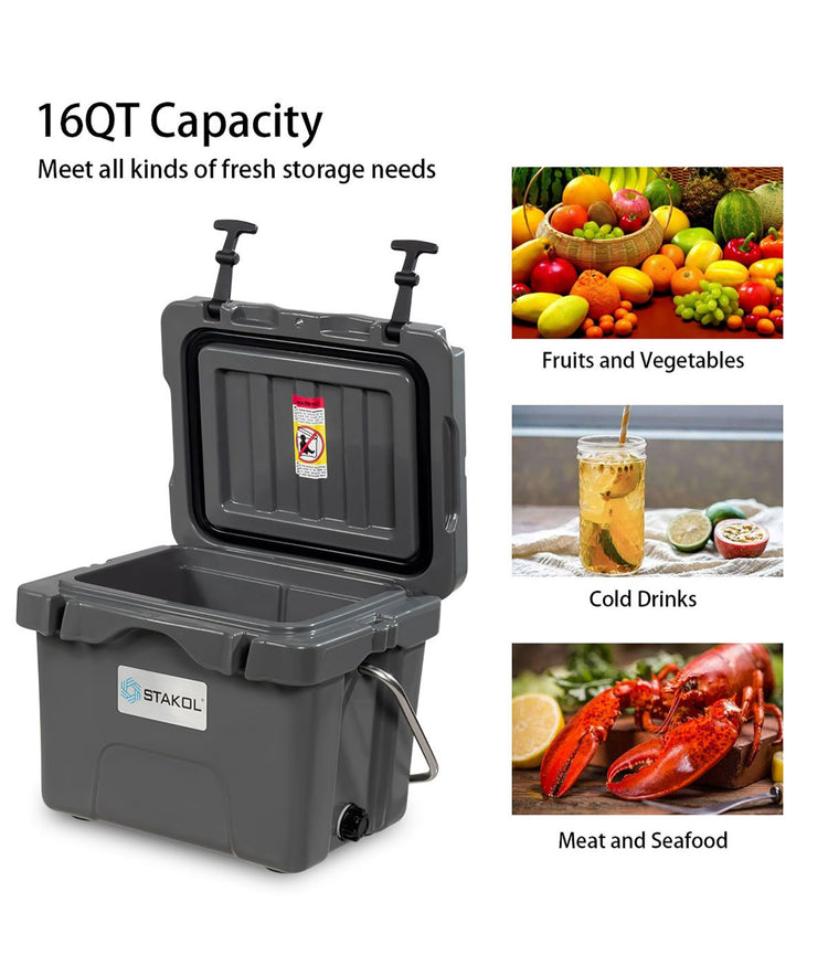SKTAKOL 16 Quart Cooler Portable Ice Chest for 24 Cans for Camping Gray