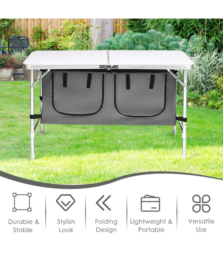 Adjustable Aluminum Camping Table With Storage Organizer White & Grey