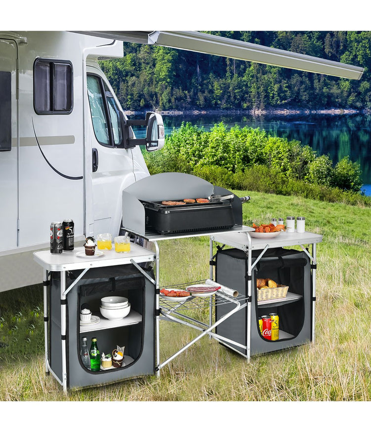 Folding Portable Aluminum Camping Grill Table With Storage Organizer Windscreen Grey & Silver