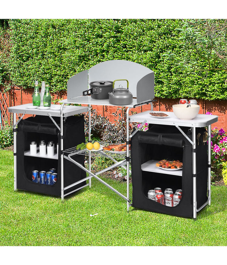 Folding Portable Aluminum Camping Grill Table With Storage Organizer Windscreen Black & Silver