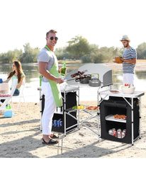 Folding Portable Aluminum Camping Grill Table With Storage Organizer Windscreen Black & Silver