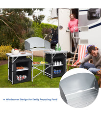 Folding Portable Aluminum Camping Grill Table With Storage Organizer Windscreen Black & Silver