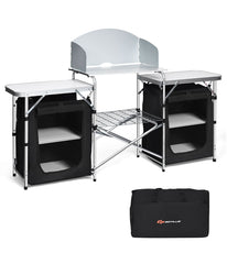 Folding Portable Aluminum Camping Grill Table With Storage Organizer Windscreen Black & Silver