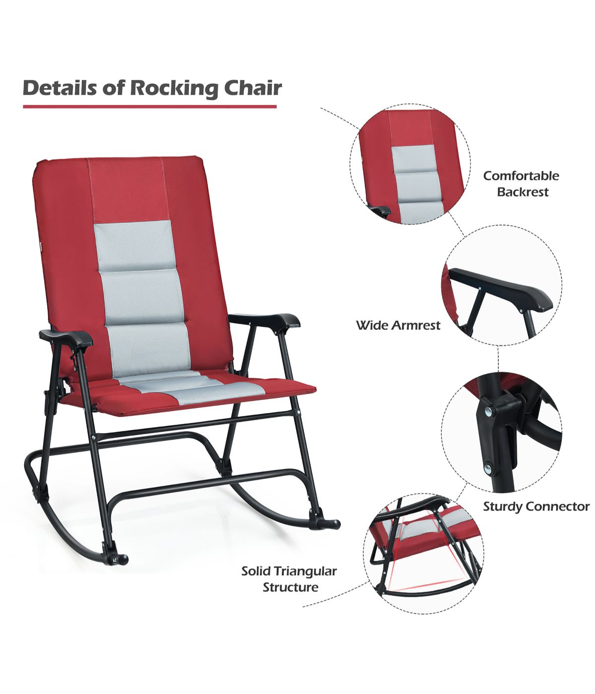 Foldable Rocking Padded Portable Camping Chair With Backrest Armrest Red