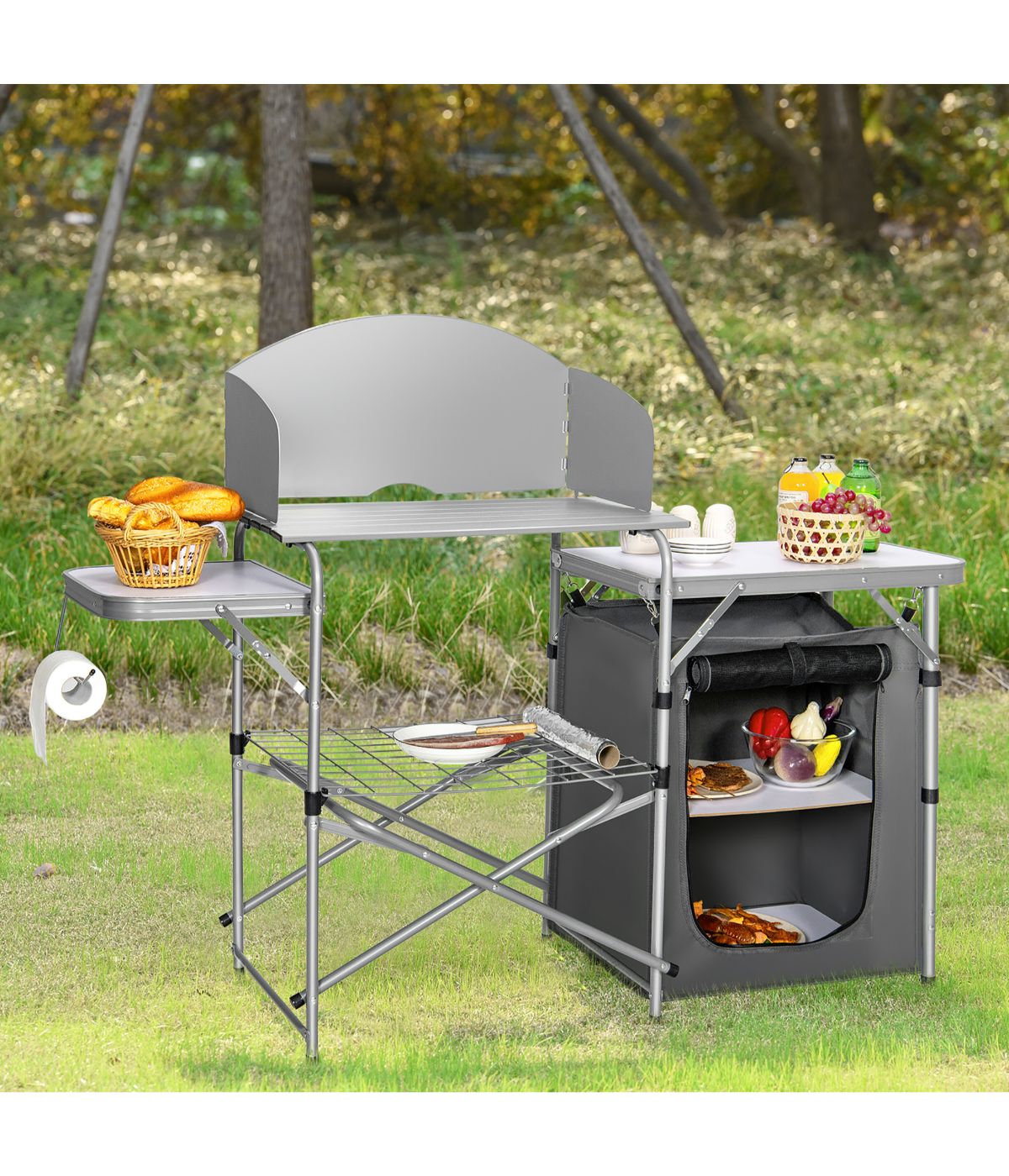  Foldable BBQ Portable Grilling Camping Table With Windscreen Bag Grey - Grey - Bonton