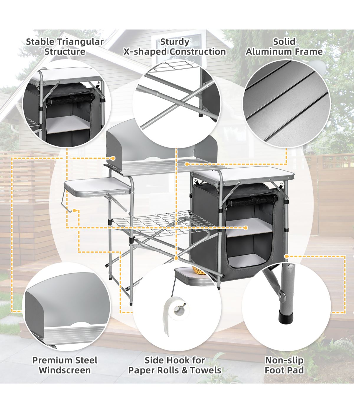  Foldable BBQ Portable Grilling Camping Table With Windscreen Bag Grey - Grey - Bonton