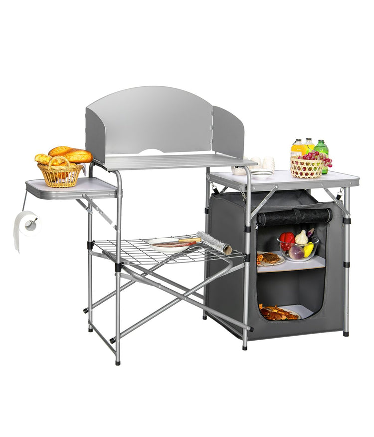 Foldable BBQ Portable Grilling Camping Table With Windscreen Bag Grey