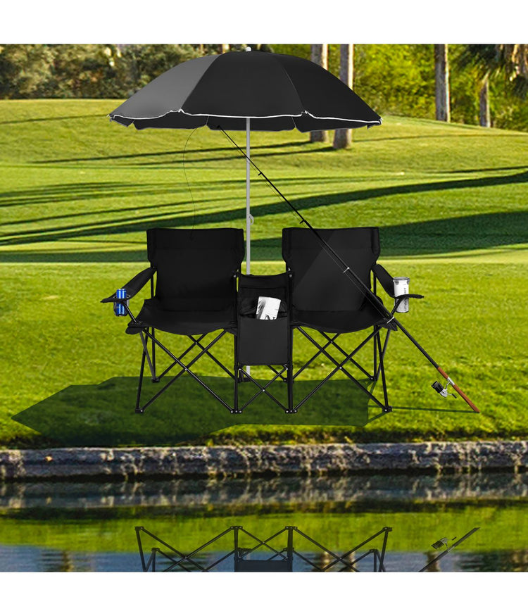 Portable Folding Picnic Double Chair With Umbrella Table Cooler Beach Camping Black