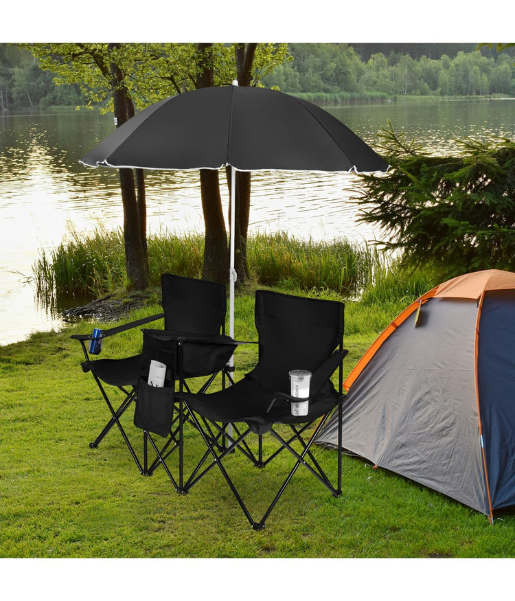 Portable Folding Picnic Double Chair With Umbrella Table Cooler Beach Camping Black