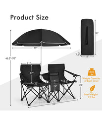 Portable Folding Picnic Double Chair With Umbrella Table Cooler Beach Camping Black