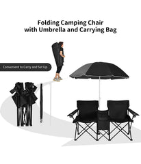 Portable Folding Picnic Double Chair With Umbrella Table Cooler Beach Camping Black